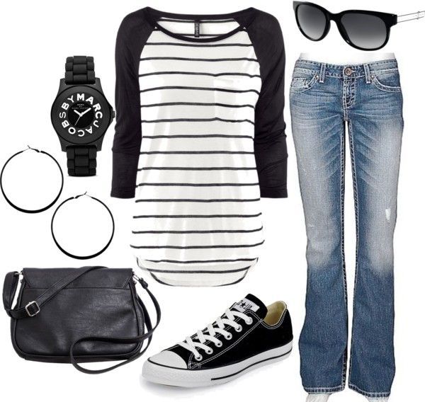 super Casual and retro black and white with Striped baseball  tee, and converse low tops