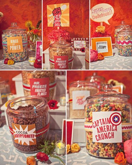 Superhero Cereal Bar: Amp up the playful appeal of your big day with a themed cereal bar  colorful, creative, and who wouldnt love