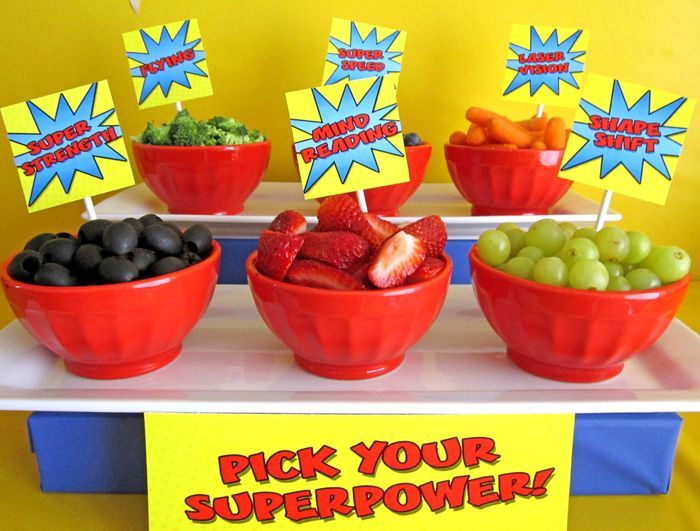 Superhero party food — pick your super power. Awesome! Could be a way to get kids to eat fruit :)