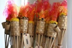 Survivor torches – I used metallic gold & red paper twist, cut the tops into points, stapled together & just tucked in!