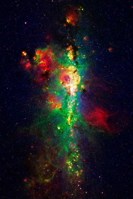 The core of our galaxy, seen in infrared light by the Spitzer Space Telescope. Blue light is from stars, green light is from