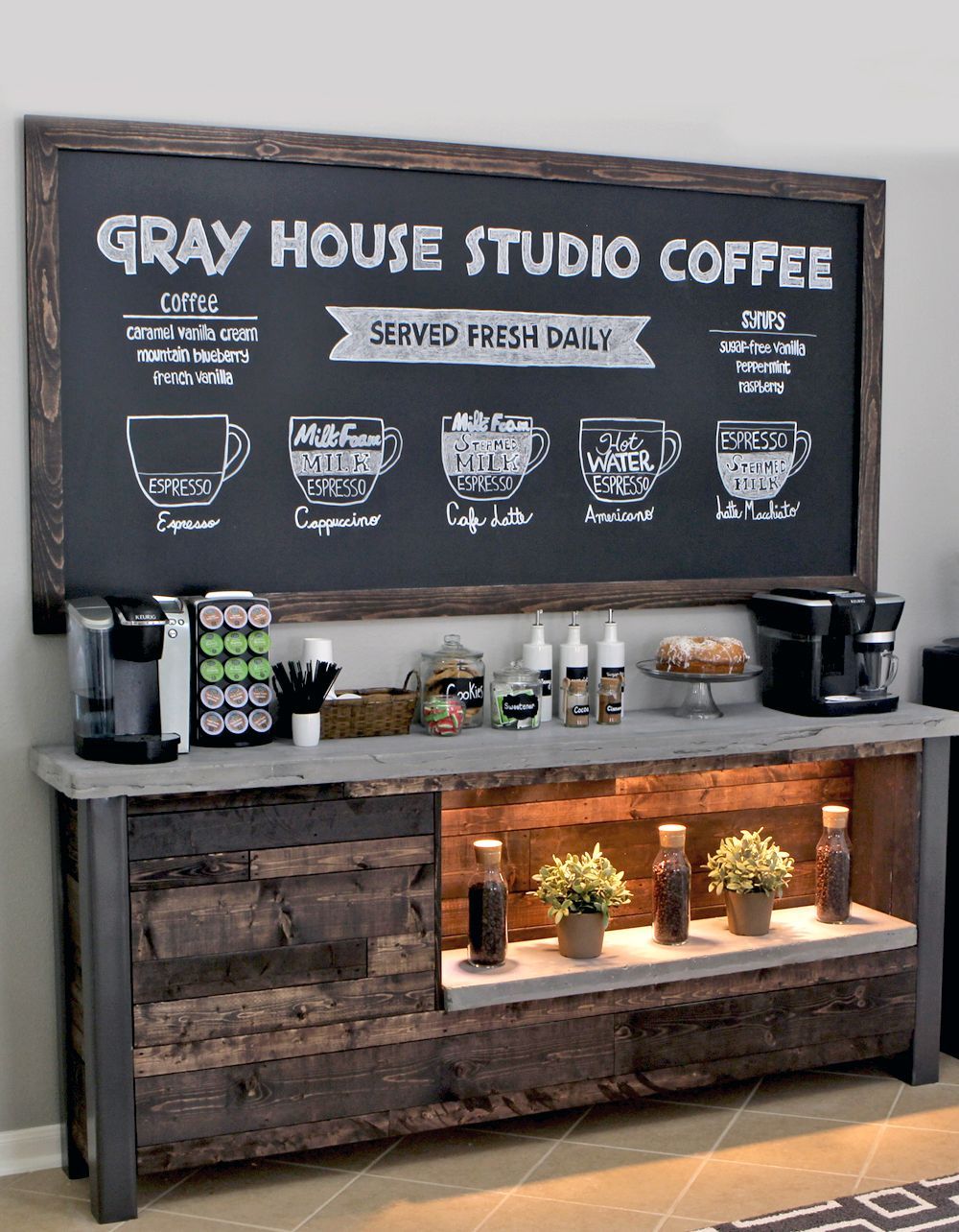 We wanted to bring a coffee shop atmosphere to our breakfast nook so we built our own coffee bar.