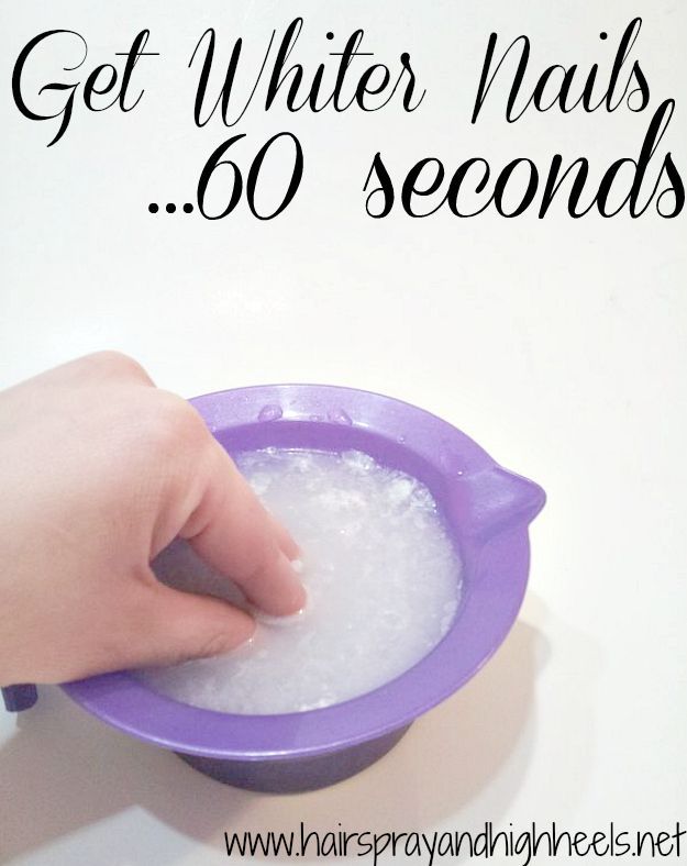 Whiter nails in 60 seconds:  1/2 cup hot water, 1 tsp baking soda, 1 tbsp peroxide. Soak for 60 secs, or longer if needed