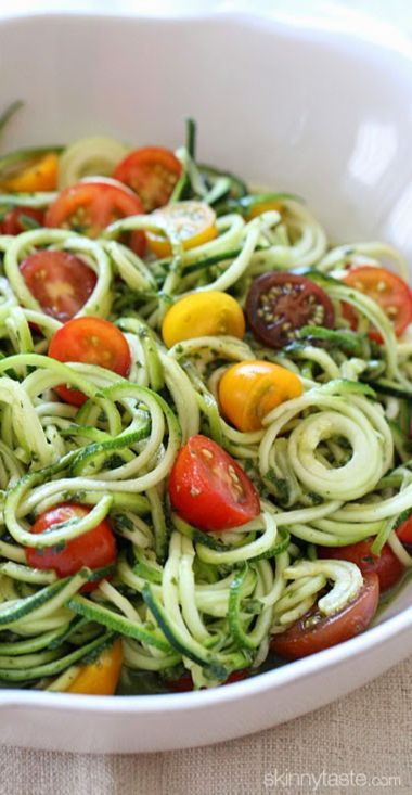 Zucchini noodles with tomatoes and pesto.