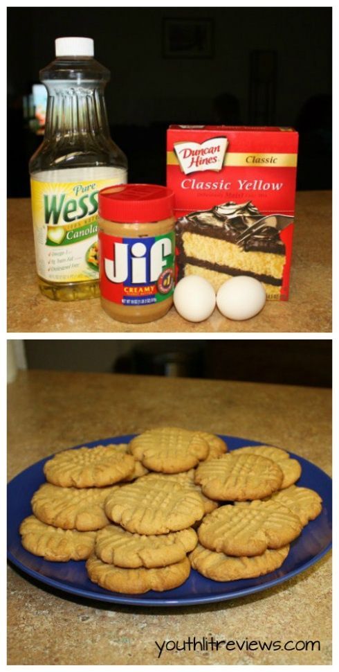 1 box yellow cake mix, 2 eggs, half cup of oil and a cup of peanut butter. Bake for 10 minutes at 350 for the easiest, most