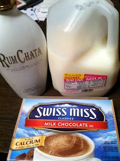 1 packet hot chocolate, mix ¾ cup of milk, 1 shot Rumchata….Add milk to mug and microwave until desired temperature. Stir in