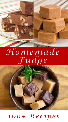 100+ Homemade Fudge Recipes: Flavors that looked good to me:  Rose, Maple with Walnut, Pumpkin Pie, Bailey’s Rocky Road, Salted