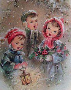 A trio of children sing in this glittered Christmas card from the 1960s.