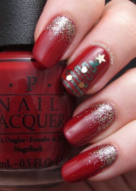 Adventures in Acetone – Abstract Christmas Tree nail art design using OPI All I Want For Christmas as the base colour…x