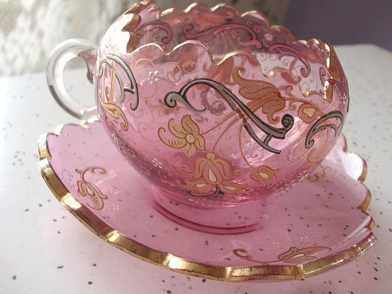 Antique 1920 Moser pink glass tea cup set vintage by ShoponSherman,