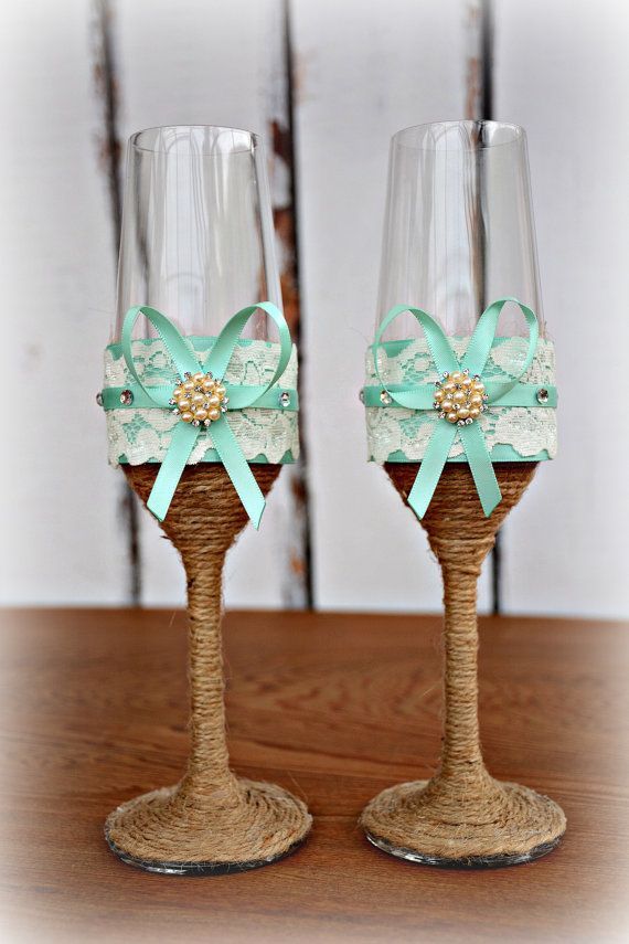 Aqua Blue Wedding Champagne Glasses Bride Groom Flutes Tosting Rustic Country Barn Burlap Lace Bridal Shower Gift Chic on Etsy,