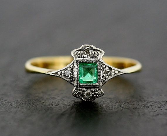 Art Deco Emerald Ring – Antique Art Deco Emerald & Diamond 18ct Gold and Platinum Ring on Etsy, $981.05