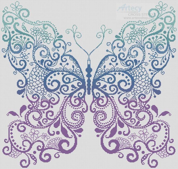 Artecy Cross Stitch. The Purple Blue Green Butterfly Cross Stitch Pattern to print online.