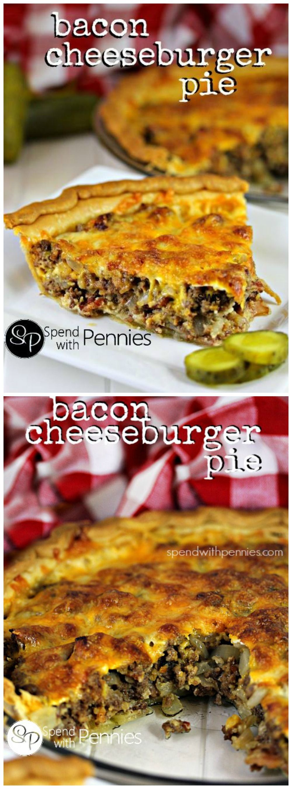 Bacon Cheeseburger Pie!  This easy cheesy recipe is one that your whole family will love!  Ground beef & bacon topped with cheese
