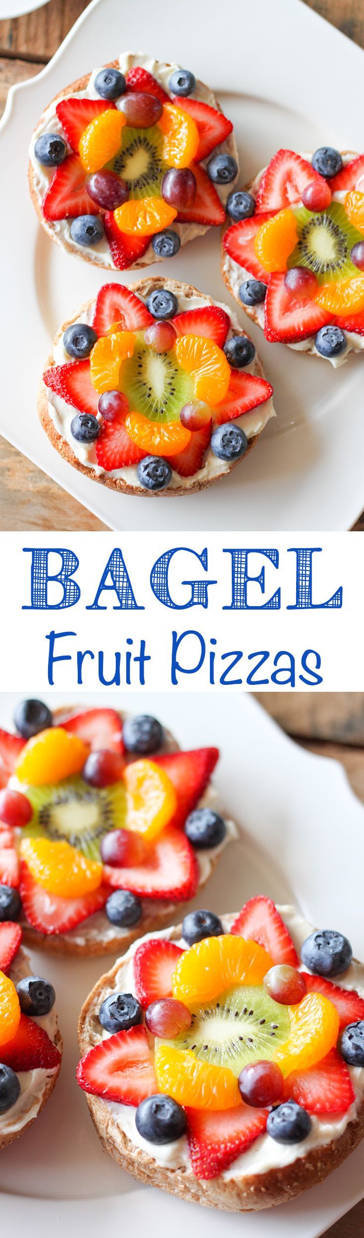 Bagel Fruit Pizzas – colorful fresh fruit layered with lemony cream cheese on a whole wheat bagel.