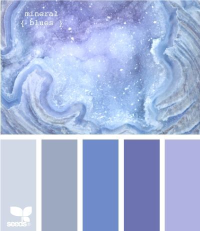 blues palette – great for a serene bedroom!  Ben Moore colors – Spring Purple, Enchanted, Blue Dragon, Violet Mist, Excalibur Gray