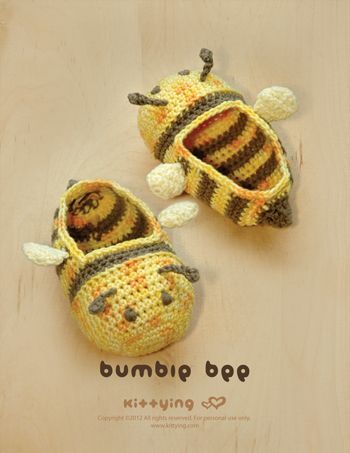 Bumble Bee Baby Booties Crochet Pattern  Reminds me a bipod those old phentex slippers from the 70s with the rounded ridges.