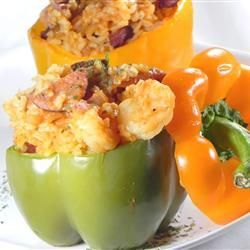 Cajun Style Stuffed Peppers – “A Cajun twist on a classic rice stuffed green pepper – andouille sausage, shrimp, and Creole
