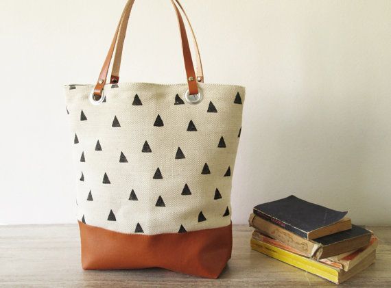 Canvas Tote bag,  Hand stamped , Geometry, Triangles, Book bag, Shopping bag, Casual tote, School bag
