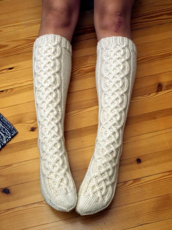 Celtic cable knee-high socks — last year I made socks just like these for my sister. Using the Magic Loop technique it was fairly