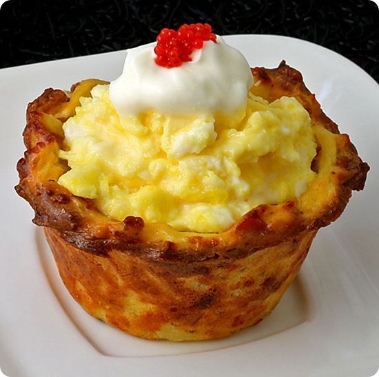 Chicks in a Nest – scrambled eggs in a hash-brown crust. Great holiday breakfast idea!
