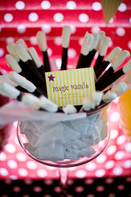 Chocolate covered pretzel magic wands for a magical birthday party. – little bear wants a magic show birthday party.