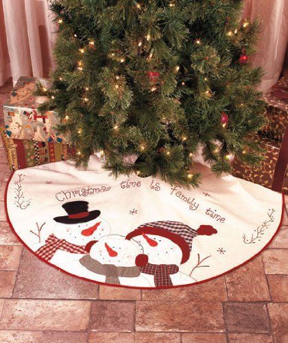 Christmas Tree Skirt, 46 inches in diamener, Embroidered Christmas Time is Family Time
