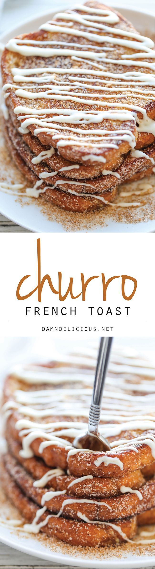 Churro French Toast – The most amazing, most buttery French toast you will ever have, coated in cinnamon sugar and drizzled with
