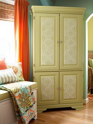 computer armoire makeover – Google Search Love the tin ceiling tile look on the doors