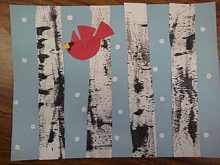 cool and different approach to birch trees using black paint on white paper and a comb