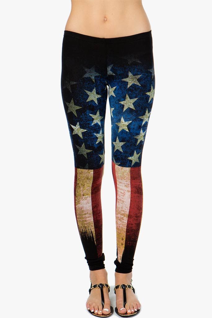 Cotton leggings with a rad distressed American flag printed body. Pull-on elastic waist. BOUTIQUE FIVE.