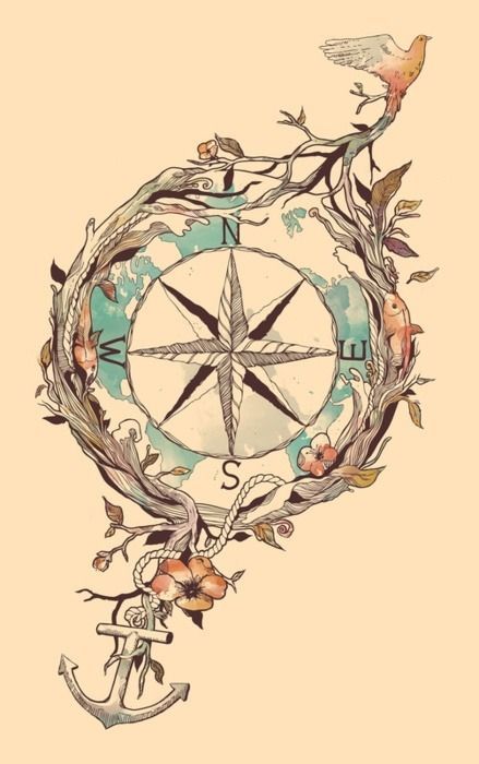 could be a cool watercolor tattoo, would remove the fishes, change the type of bird, and instead of an anchor, a musical note, and