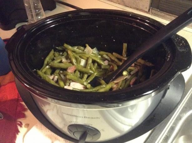 *Crock Pot Green Beans & Bacon*  I used 4 slices bacon to  2 1/2 pounds beans. I also used frozen beans. I left the garlic out as