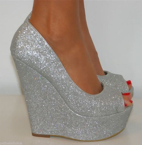 De Blossom Silver Glitter Peep Toe High Heel Wedge Size 7 5 | eBay