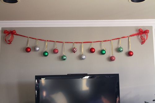 Decorating for Christmas On a Budget | We used the ribbon to make a ornament banner to hang across the top of …