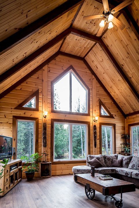 Different stain colors on your log home interior walls & big windows!!! ♥