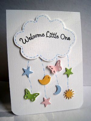 DIY baby card ,,, cloud mobile … cute!! … die cut cloud with sentiment … raining little punched butterflies, stars  & more