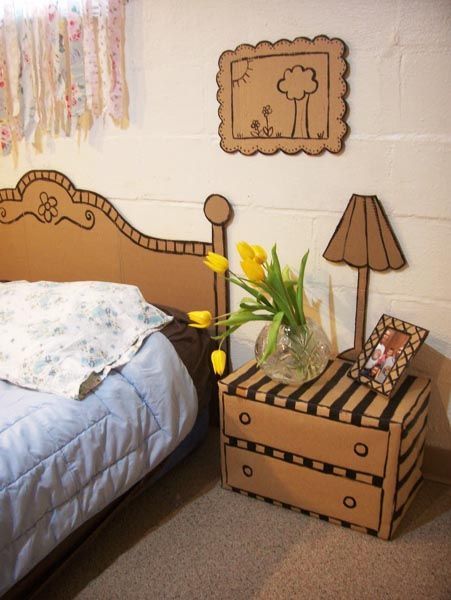 DIY Cardboard Bedroom Suite – Furniture I can afford, kind of reminds my of my bedroom when I moved here 14 years ago, thanks