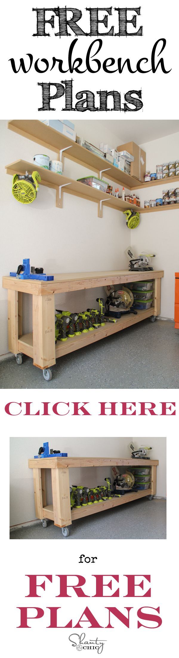 DIY Workbench plans! This is the perfect size workbench for small work spaces and it is easy to build!