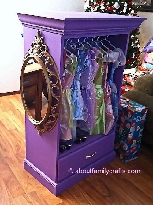 Dress up “closet” – use an old/cheap dresser & pull out all but the last drawer & top with a shelf….. Add some crown molding &