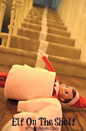 Elf On The Shelf Ideas …simple but fun, Playing on the stairs…. rolling down them in a tube of toilet paper!