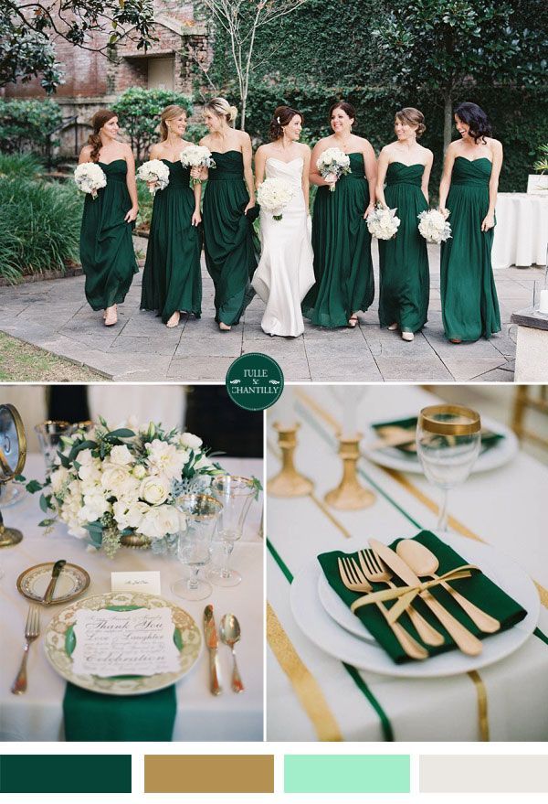 emerald green and gold fall wedding color ideas and bridesmaid dresses trends