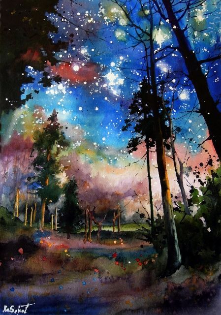 Forest stars – bright watercolor, sokolova anna, night landscape, trees, magic, romantic mood