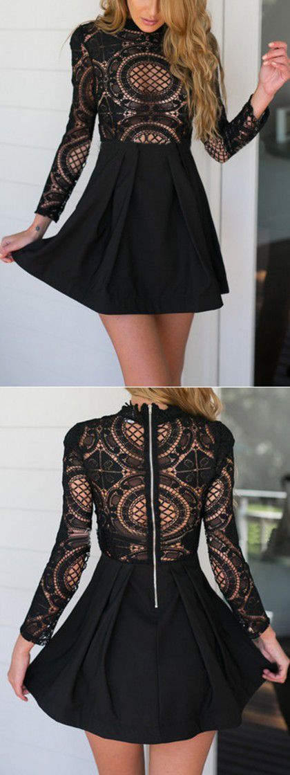 full black dress with Black High Neck Crochet Lace Panel Skater Dress style #fashion