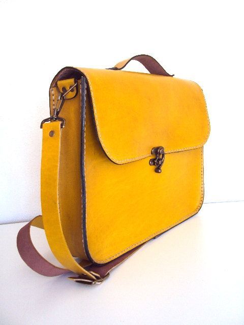 Handmade Laptop Bag Yellow Leather Briefcase Messenger by ammaciyo