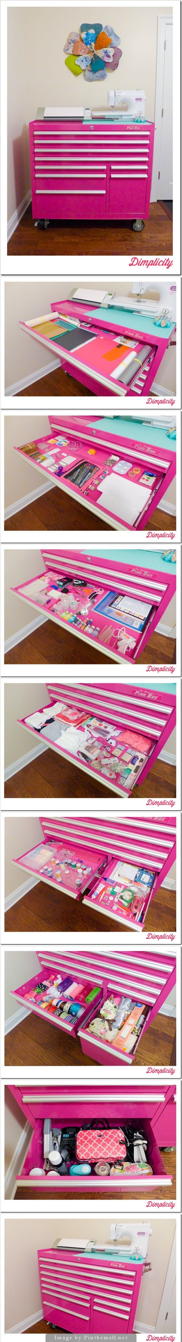 I love this craft storage idea from a toolbox. love the paint color.  this would be great for stamping supplies.