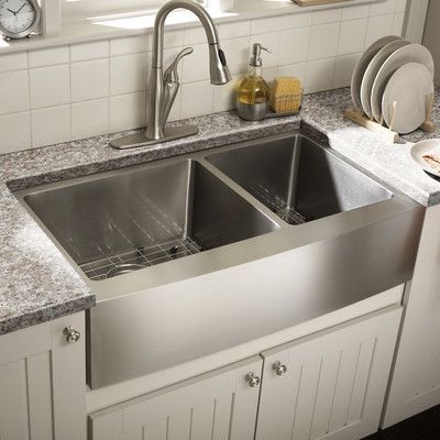 I so love this sink!  Schon 34″ x 18.5″ Double Bowl Farmhouse Kitchen Sink | Wayfair
