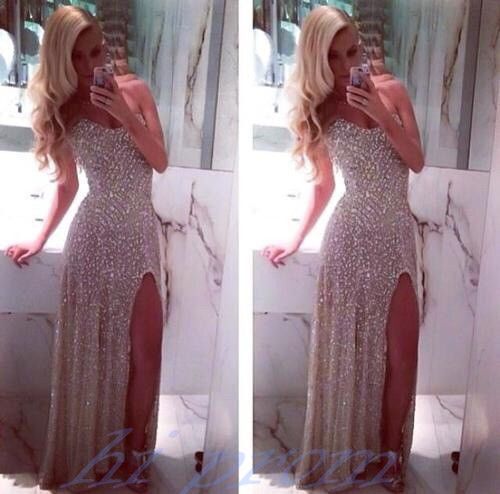 Ivory Prom Dresses,Prom Gowns,Prom Dresses 2015 With Silver Beading Prom Gown 2016,Slit Prom Gown,Prom Dress,Sexy Prom Dresses