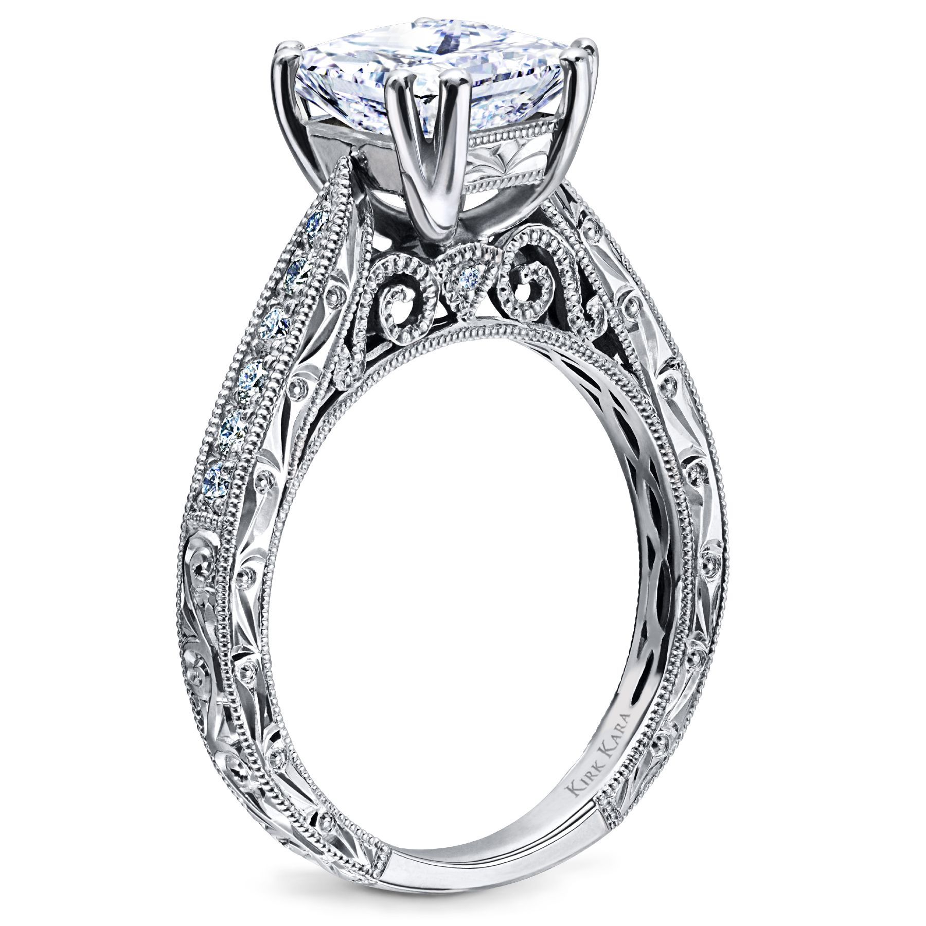 Kirk Kara hand engraved engagement ring from the Stella collection | Detailed engagement ring | Princess cut engagement ring |