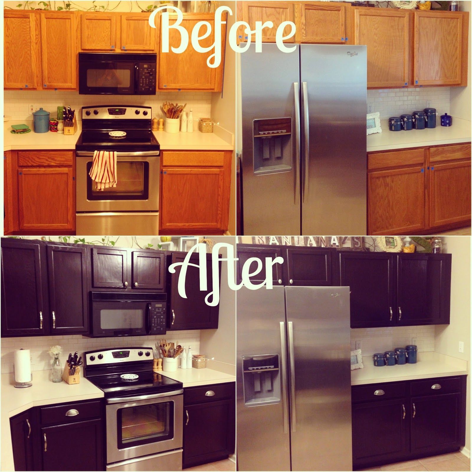 Kitchen Makeover for about $100! Give your orange oak cabinets a facelift using General Finishes Java Gel Stain.